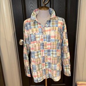 LL Bean Madras Plaid Patchwork Button Down Sz. Large